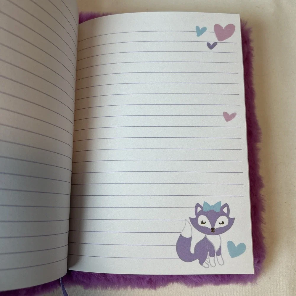 Fuzzy Novelty Purple Fox Notebook Matching Pen Diary Writing Book Animal 1689